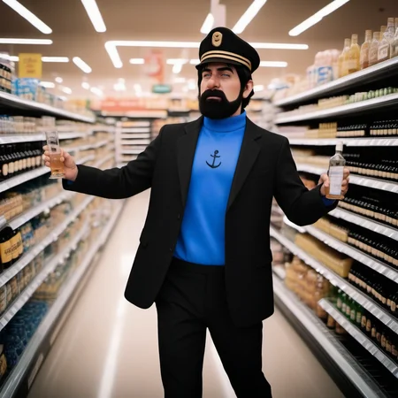cinematic photo full body portrait robotic man , black hair, blue shirt, blush, black pants, facial hair, hat, buying alcohol in a grocery store <lora:Haddock1024:0.8> . 35mm photograph, film, bokeh, professional, 4k, highly detailed
