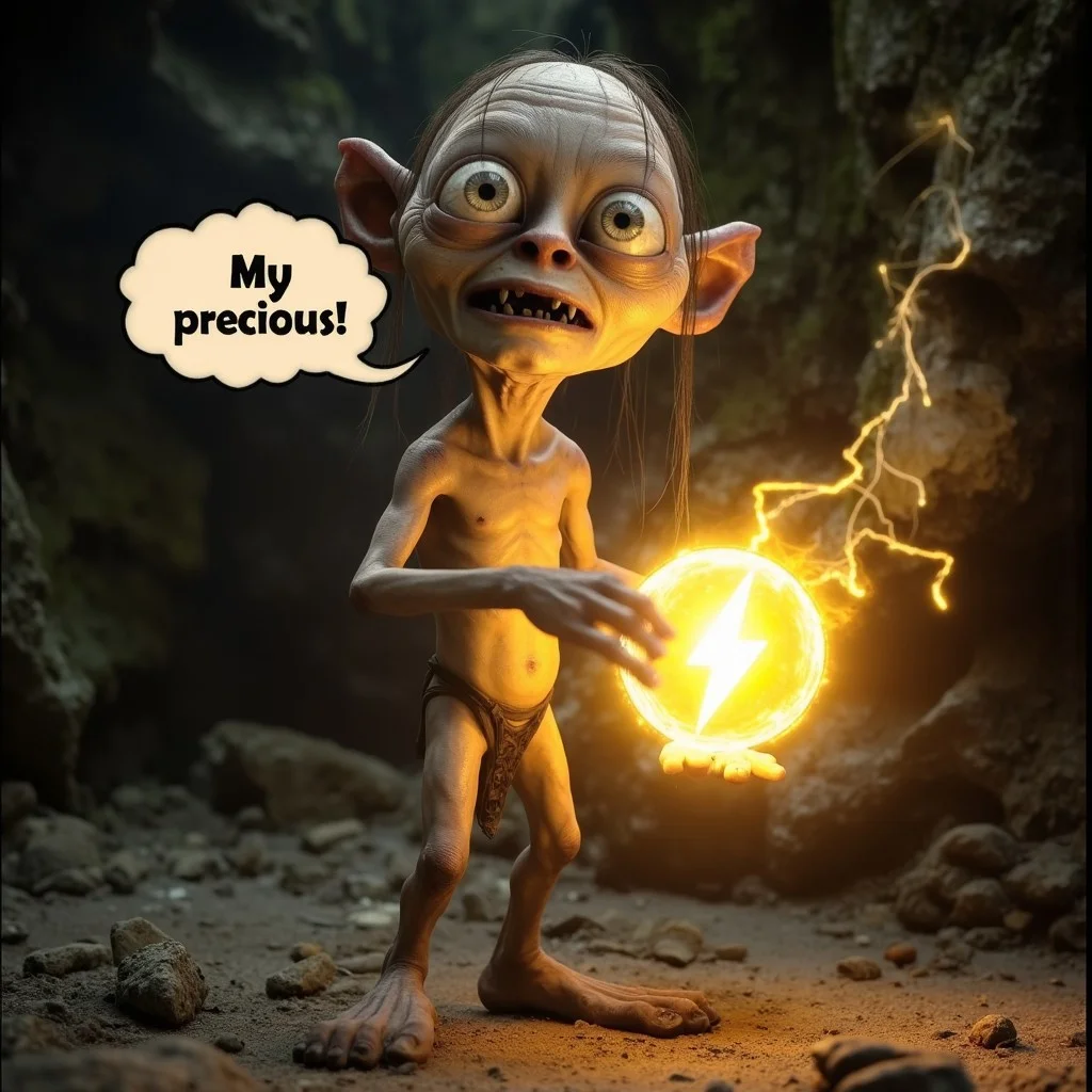 Smeagol stands in the center of the stage holding an icon of a bright, yellow ⚡-shaped fat lightning icon. The lightning bold are glowing in his hands, his skinny figure illuminated by the bright lights. His large, bulging eyes are wide open with nervous excitement, lightning flashing in his eyes. Speech bubble: "My precious!"
