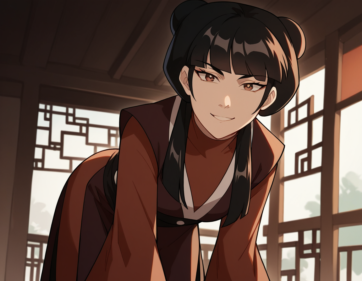 score_9, score_8_up, score_7_up, source_anime, <lora:mai-book2-ponyxl-lora-nochekaiser:1>, mai, sidelocks, long hair, black hair, lunt bangs, hair bun, double bun,, chinese clothes, turtleneck, long sleeves, wide sleeves,, indoors, bent over, smile, looking at viewer, solo, cowboy shot, dutch angle