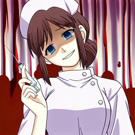 masterpiece, best quality, hospital room, blood splatters, blood smears, holding, holding needle, injection needle, looking at viewer, head tilt, shaded eyes, horror theme, looking down at viewer, looming over viewer, <lora:Tsukihime NXL:1>1girl,shirakawa_miho,blue eyes,brown hair,single hair bun,large breasts,nurse, blood smeared walls, blood smeared background, blood splattered background, bloody uniform, nurse_cap ,scary smile, glassy eyed smile, cheerful smile, bubbly pose, <lora:shirakawa_miho-illus:0.9>,solo