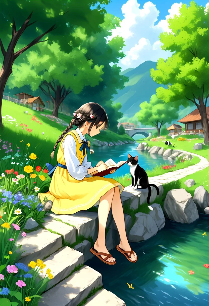 realistic image. The garden is lush and green, with vibrant flowers that add splashes of color to the scene. The woman, dressed in a light yellow dress, holds a book open in her hands, perhaps lost in thought or reading aloud. Beside her, on the ground, are two cats, their bodies relaxed as they bask in the serene atmosphere. The garden is bordered by a stone wall and trees, providing a natural backdrop to this peaceful tableau. The sky overhead is clear, suggesting it's daytime with ample sunlight illuminating the scene. The overall mood of the image is one of relaxation and contentment, a snapshot of a quiet afternoon spent in the company of nature and pets., 1girl, solo, long hair, blush, smile, bangs, skirt, shirt, black hair, long sleeves, dress, holding, twintails, brown eyes, sitting, closed mouth, braid, flower, outdoors, shoes, day, water, looking at another, black eyes, twin braids, collar, tree, sketch, book, animal, looking away, looking down, sandals, cat, own hands together, grass, plant, nature, scenery, hair over shoulder, fish, dog, rock, paper, stairs, collared dress, reading, bucket, bench, bush, yellow dress, soaking feet, river, drawing, fishing rod, tree shade, sketchbook, hands on lap, pond, fishing, garden, stream