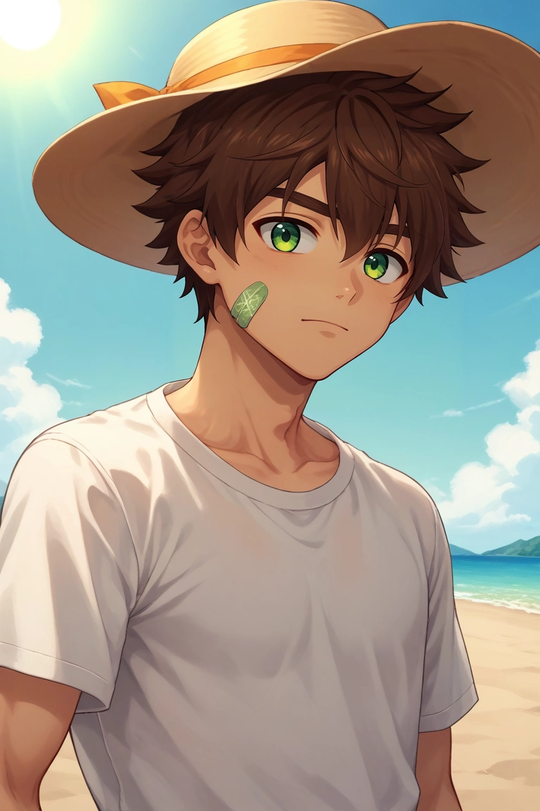 score_9, score_8_up, score_7_up, , rating_safe, , , , , 1boy, solo, male focus, <lora:keitaro_nagame_pony:0.92>, keitaro_nagame, brown hair, green eyes, short hair, bandaid on face, , , , sun hat, <lora:sdxl_lightning_8step_lora:1>