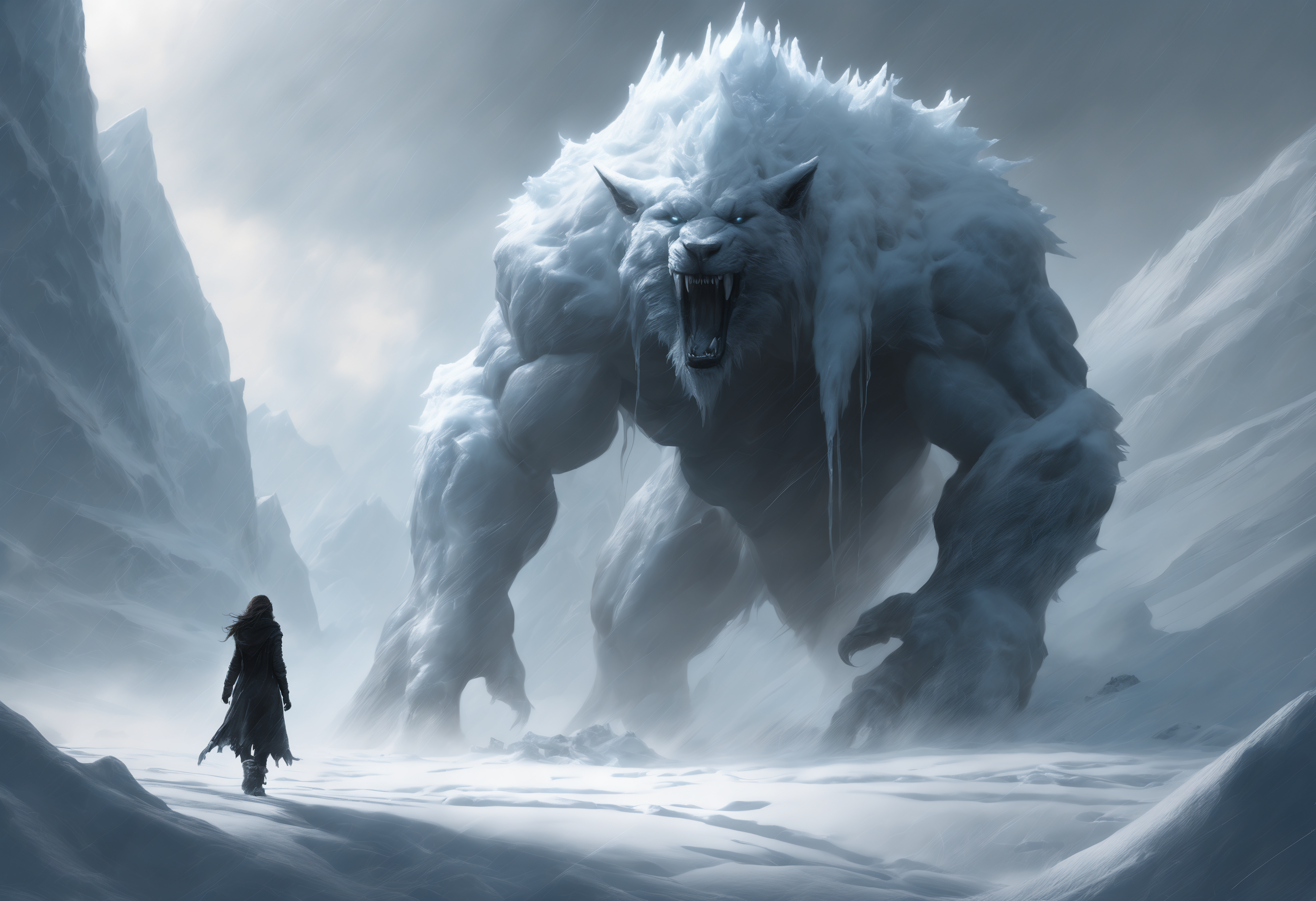 The monochromatic painting decipts two creatures, a wanderer observing a colossal frost-giantess of supernaturally beautiful appearance. She is walking barefoot through the snow. The background is dominated by ice and snow, creating a cold and hostile atmosphere. A blizzard rages and envelops the scene, adding to the intensity. The blizzard makes her appearance even more dramatic.

concept art, photo bashing, digital painting, matte painting, megascans, octane rendering, god rays, ray tracing, lumen, high-resolution
