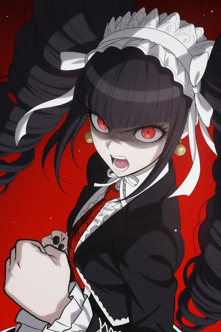 anime screencap, masterpiece, best quality, amazing quality, very aesthetic, absurdres,  newest, (scenery, volumetric lighting),
celestia ludenberg, official style, 1girl, solo, long hair, looking at viewer, open mouth, bangs, simple background, black hair, red eyes, long sleeves, twintails, white shirt, upper body, frills, print necktie, teeth, collared shirt, blunt bangs, black jacket, gradient, gradient background, drill hair, red necktie, shaded face, clenched hand, twin drills, angry, red background, clenched hands, gothic fashion, black nail polish, center frills, eyelashes, looking at another, makeup, dappled sunlight, light particles,
<lora:Celestia_IL:0.8>