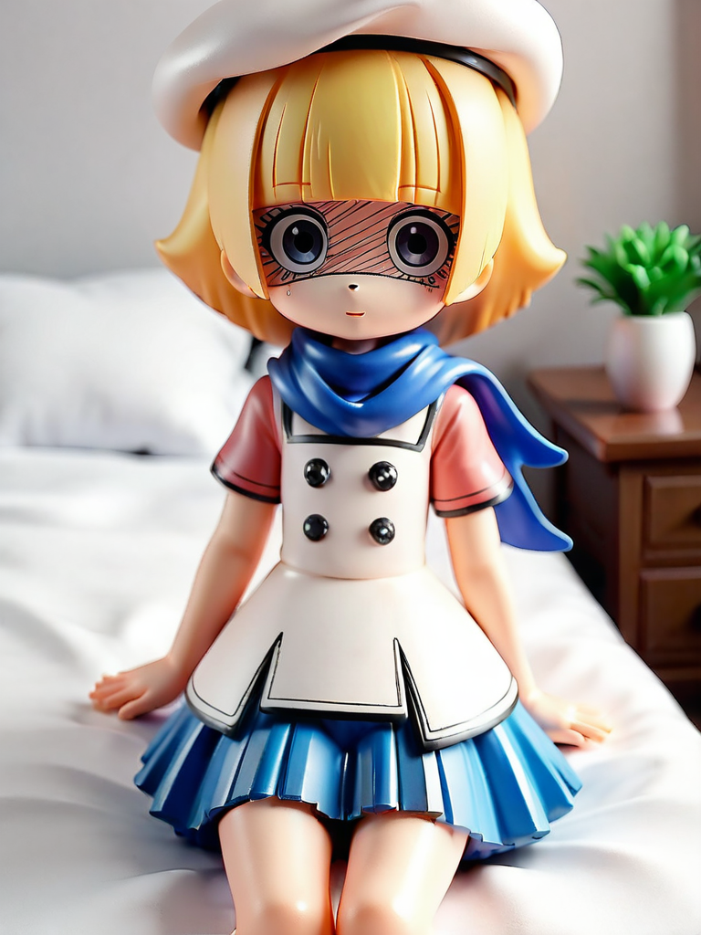 score_9,score_8_up,score_7_up,high quality,perfect dim light,very detailed,many details,masterpiece,solo,1girl,a young girl sitting on a bed in her bedroom,ozawarina,dress,white beret,blue skirt,shaded face,blue scarf,mackenzie,blonde hair,grey eyes,expressionless,bangs,mackenzie haircut,toy,figurine,realistic,<lora:mackenzie-v1-pony:1>