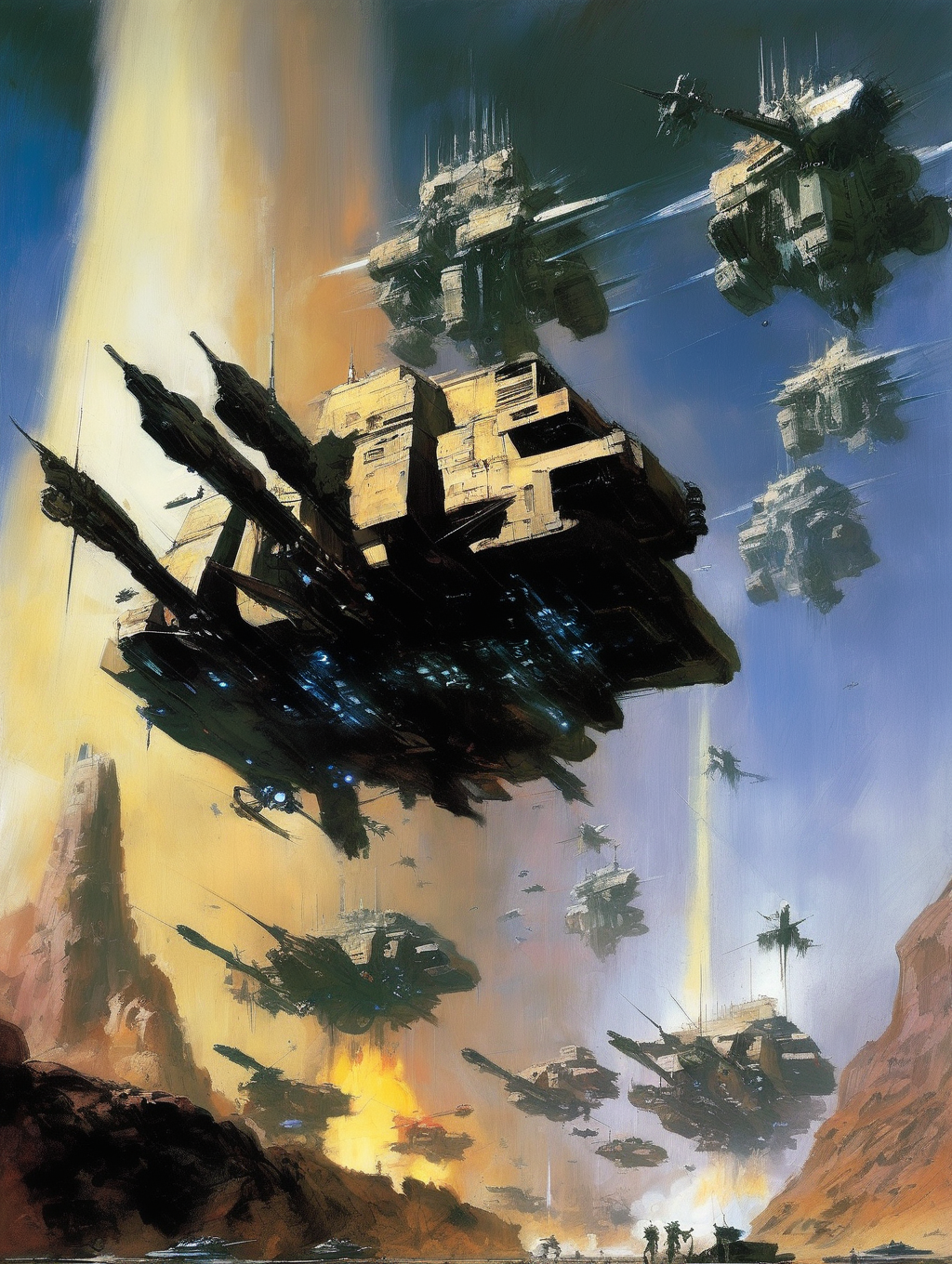 <lora:John Berkey Style:1>John Berkey Style - cience fiction war. The planetary defenses are down. Monstrous beings bring weapons. Armies of soldiers. Epic. John Berkey