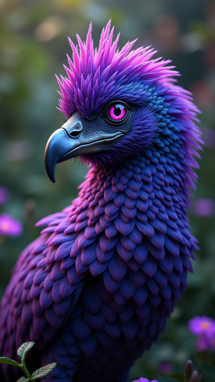 Talented and deep focus, A [Cloth-covered:Fluffy:13] Hydra with a Mullet, highly detail beak and piercing fluorescent purple eyes gazes out from the center of a luxurious sharp focus garden. Radios shines Oasis on her feathered body, aidmaHyperrealism