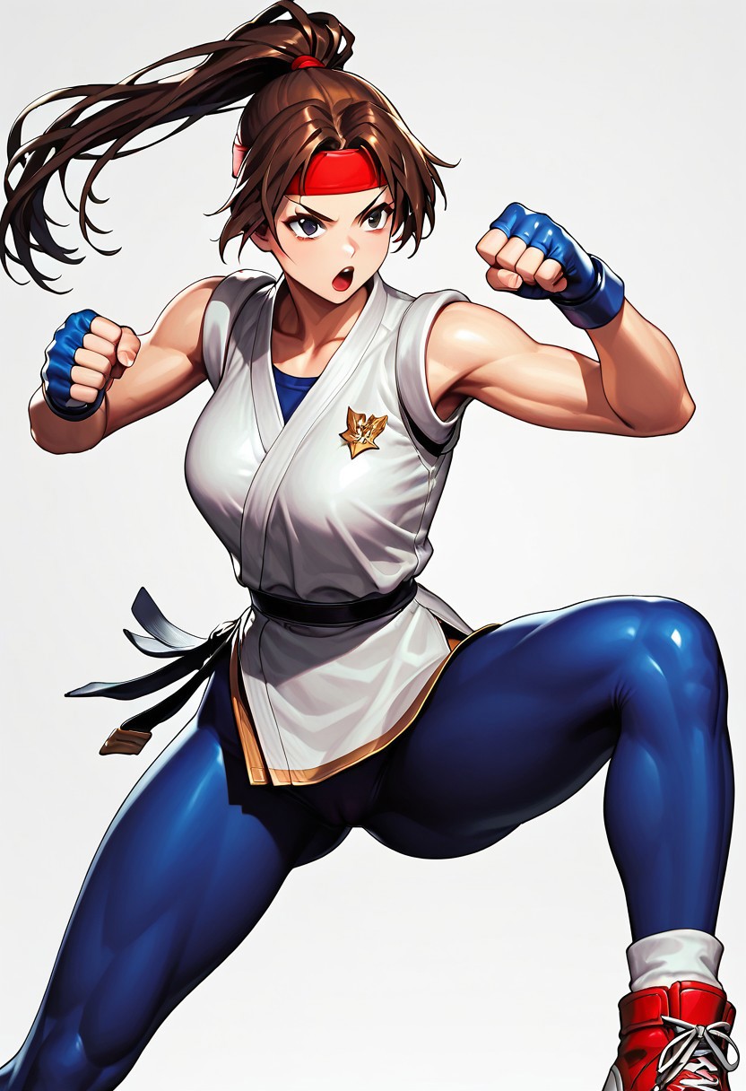 ,score_9, score_8_up, score_7_up, best quality, masterpiece, rating_explicit, BREAK,  fighting pose, cowboy shot, 
Yurisakaz, 1girl, black eyes, brown hair, ponytail, long hair, headband, white dougi, blue spandex, black belt, fingerless gloves, sleeveless, red sneakers,