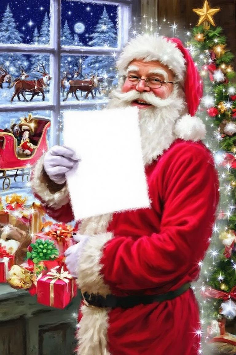 richardmacneil1 painting. A smiling Santa Claus reads a sheet of paper in front of a window. Outside, a snowy night with a sleigh and reindeer is visible. Inside, there's a decorated tree, teddy bear, and wrapped presents. <lora:richardmacneil1_cap_d8a4e11:1.0><lora:853237338929682890:0>