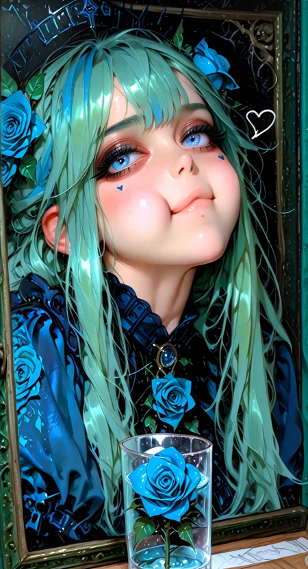 masterpiece, newest, absurdres,photograph,realistic, Heart, Glass,rose,(big eyes:1.0),green hair,cranky_face,:t,sarah, long hair, blue eyes, blue hair <lora:748cmSDXL:1> <lora:ILLMythP0rtr4itStyle:1> <lora:MoriiMee_Gothic_Niji_Style_Illustrious_r1:1>