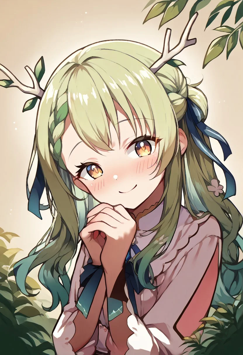 score_9, score_7_up, source_anime, sadistic smile, blvefo, fauna, antlers, head tilt, blush, french braid, half updo, Hair ribbon,
