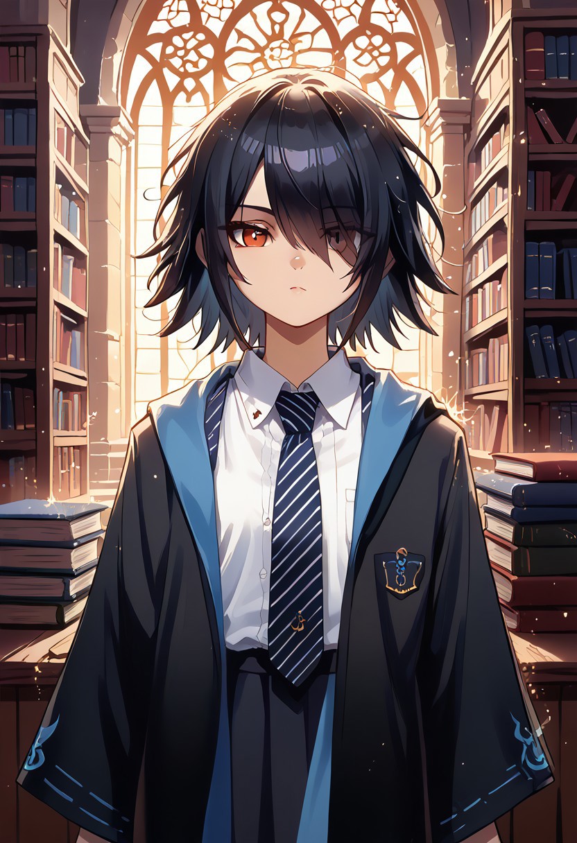 score_9, score_8_up, score_7_up, high quality, source_anime, high resolution, detailed, 
1girl, detailed face, beautiful face,
exusiaicity, 
(messy hair:1.1), black hair, (short hair:0.9), (medium hair:1.0), (flow hair:1.0), (hair over one eye:1.1), 
expressionless, looking at viewer, (smug:0.6), (sarcastic:0.6), skinny, petite, young,
EPRobeRavenclaw, wearing EPRobeRavenclaw,
blue necktie, striped necktie,
collared shirt, open robe, white shirt, emblem, black robe, wide sleeves, long sleeves,
(A cinematic shot:1.2), hkmagic,
indoors, castle interior, magic school, library,
portrait,