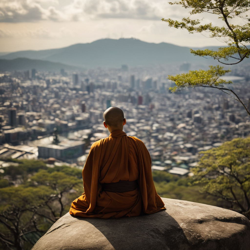 cinematic film still of  <lora:Juxtaposition style:1>
Juxtaposition of a monk from behindsitting on a rock overlooking a city,1boy,sitting,male focus,outdoors,japanese clothes,sky,day,cloud,from behind,blurry,tree,bird,sunlight,cloudy sky,building,scenery,sun,facing away,architecture,flock Juxtaposition, artistic, photography, dramatic light, dramatic shadow light, contrast, saturated color, cinematic, filmic, photographic, realistic, realism, perfection, perfect, Juxtaposed, opposite, different things, side by side, syncretism, antithesis, Juxtaposition style, shallow depth of field, vignette, highly detailed, high budget, bokeh, cinemascope, moody, epic, gorgeous, film grain, grainy