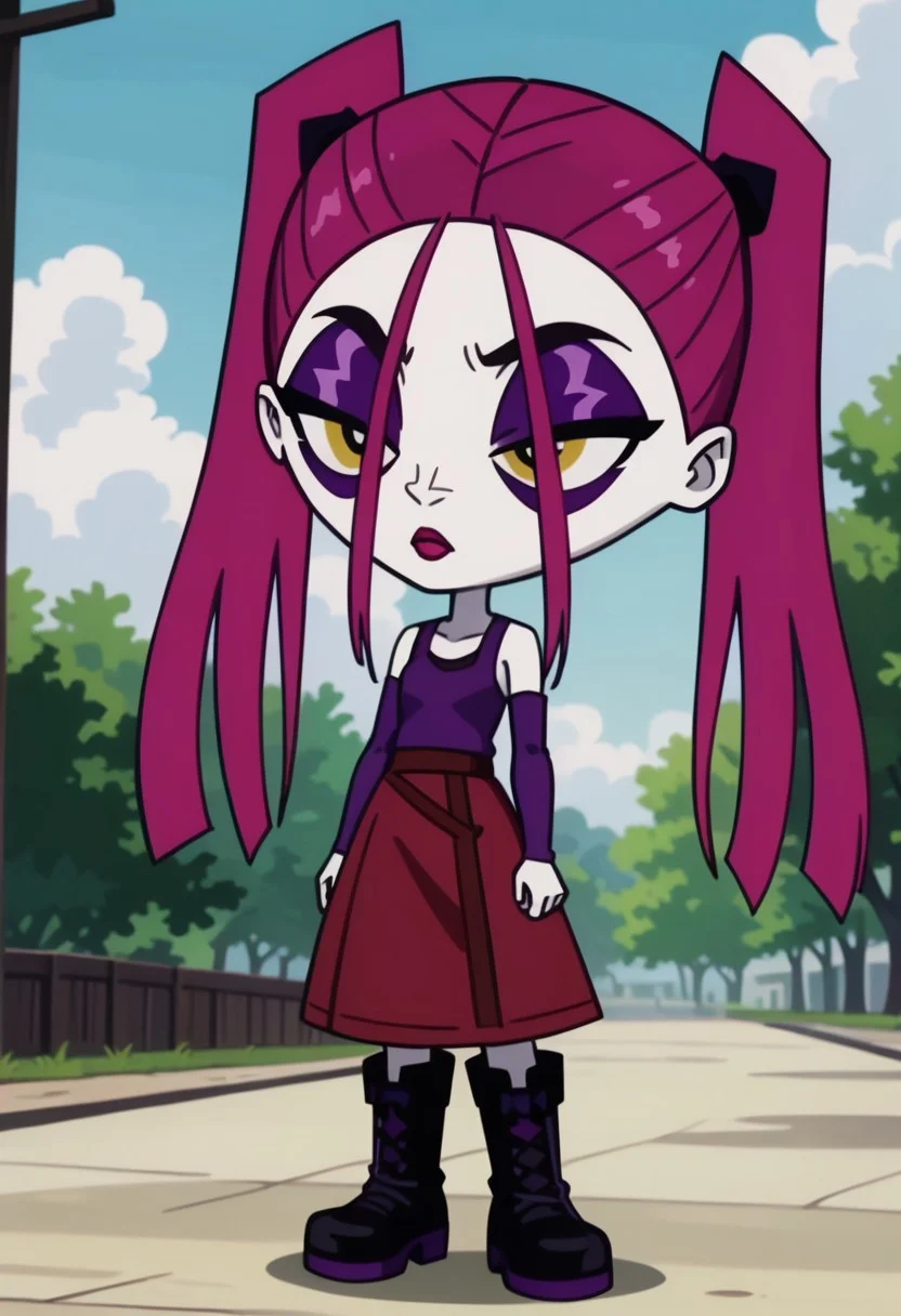 score_9, score_8_up, score_7_up BREAK RavenCrp, 1girl, pale white skin, dark pink hair, yellow eyes, black eyeliner, purple eyeshadow, purple mascara, red lipstick, black scrunchies, pigtails, purple tank top, purple arm warmers, red skirt, black boots with purple accents, screenshot, official art, parody, anime footage, official design, screencap, anime screenshot, official screenshot, 2d, anime, source_anime, full body,