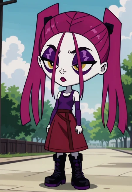 score_9, score_8_up, score_7_up BREAK RavenCrp, 1girl, pale white skin, dark pink hair, yellow eyes, black eyeliner, purple eyeshadow, purple mascara, red lipstick, black scrunchies, pigtails, purple tank top, purple arm warmers, red skirt, black boots with purple accents, screenshot, official art, parody, anime footage, official design, screencap, anime screenshot, official screenshot, 2d, anime, source_anime, full body,