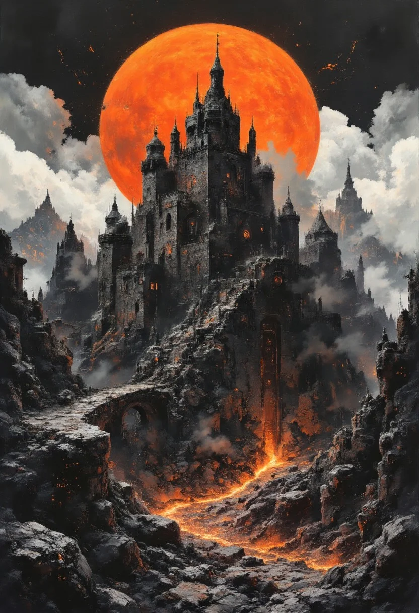 A graphic illustration, black and white, of a mountain landscape and the colosseum with a brilliant orange Moon, Halloween Theme. d1eselc0re gl1tchc0re