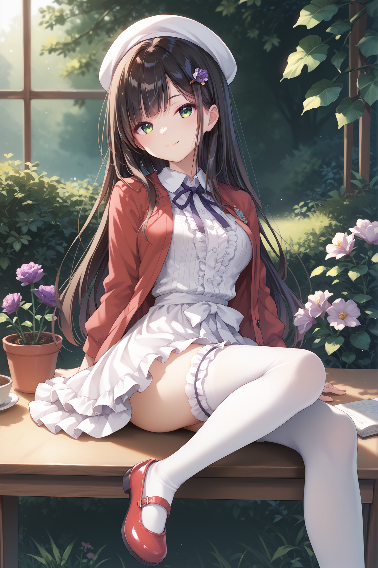 score_9, score_8_up, score_7_up, score_6_up, score_5_up, score_4_up,anime,
  sumire,1girl,green eyes,long hair,purple flower hairpin,bangs,smile,
katouclothes, white headwear,beret, red jacket, jacket, white dress, frilled thighhighs, neck ribbon, frilled skirt, 
white thighhighs, sitting on desk,
knee up,garden, full body, mary janes, red footwear, <lora:SumireXLPony:1>,<lora:katouclothesXLPony:1>