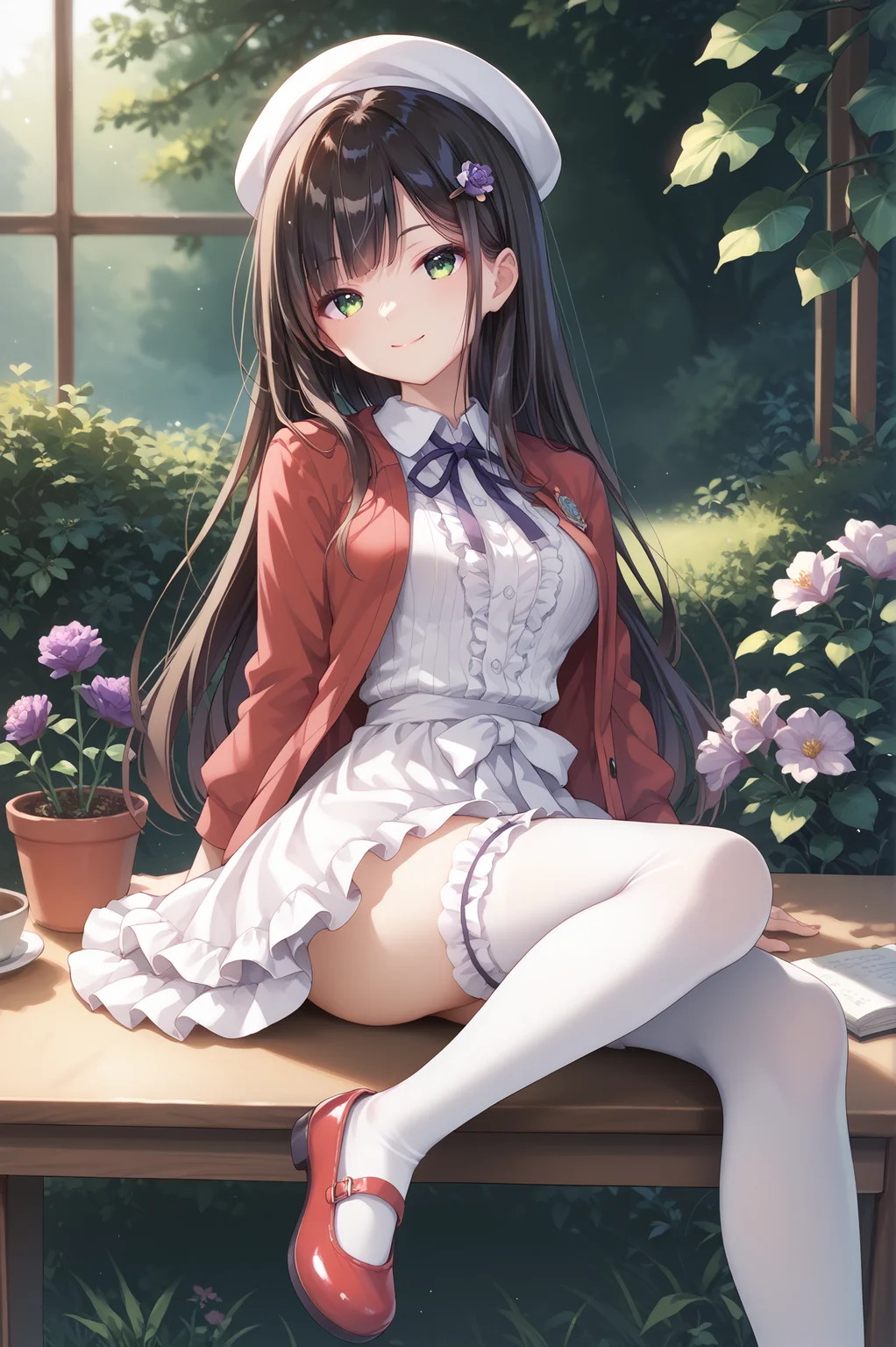 score_9, score_8_up, score_7_up, score_6_up, score_5_up, score_4_up,anime,
  sumire,1girl,green eyes,long hair,purple flower hairpin,bangs,smile,
katouclothes, white headwear,beret, red jacket, jacket, white dress, frilled thighhighs, neck ribbon, frilled skirt, 
white thighhighs, sitting on desk,
knee up,garden, full body, mary janes, red footwear, <lora:SumireXLPony:1>,<lora:katouclothesXLPony:1>