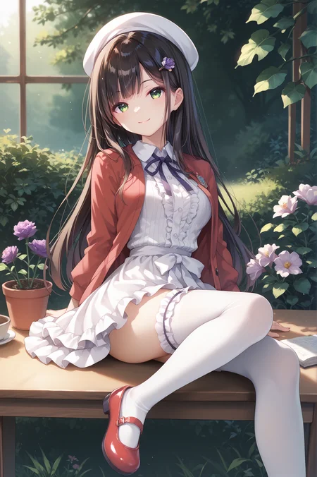 score_9, score_8_up, score_7_up, score_6_up, score_5_up, score_4_up,anime,
sumire,1girl,green eyes,long hair,purple flower hairpin,bangs,smile,
katouclothes, white headwear,beret, red jacket, jacket, white dress, frilled thighhighs, neck ribbon, frilled skirt,
white thighhighs, sitting on desk,
knee up,garden, full body, mary janes, red footwear, <lora:SumireXLPony:1>,<lora:katouclothesXLPony:1>
