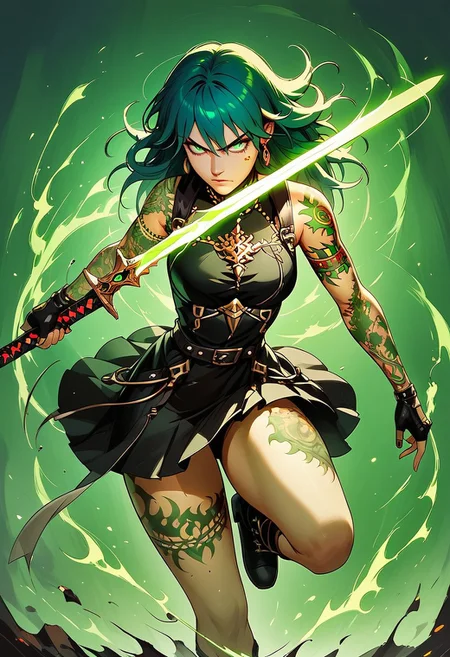 safe_pos, score_9, score_8_up, score_8_up,NLSTN, dark, 1girl, byleth (fire emblem) solo,  flowing teal hair, earrings, jewelry, green glowing eyes, ornate pauldrons, green glowing tattoos, Nordic tattoo, ((arms tattooed)), tattoos, sexy pose, ((body tattoos)), action shot, movement, holding red glowing sword in one hand, fingerless gloves, skirt, side angle shot, ((thighs tattooed)), sexy combat boots, intense expression, angry face, swinging sword with both hands, her eyes focused on her sword, jumping into combat, swinging sword at monster,