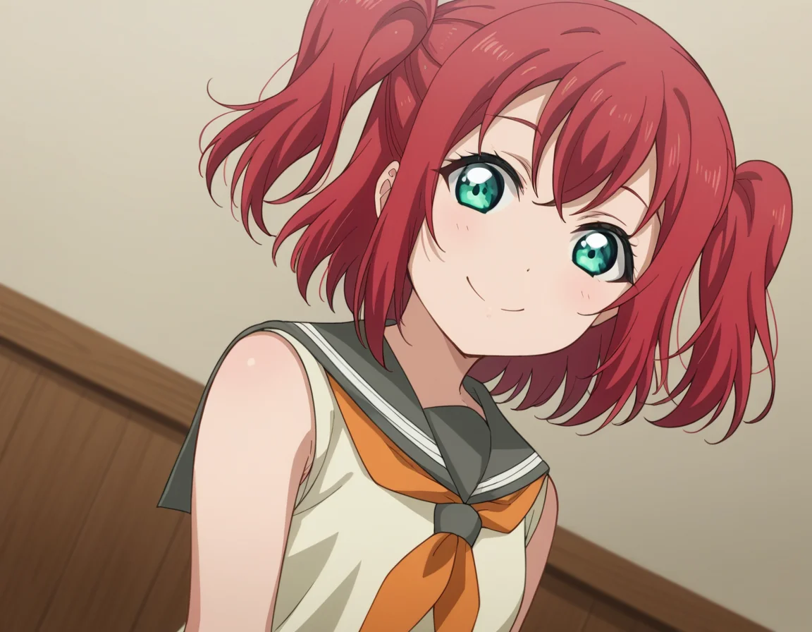 score_9, score_8_up, score_7_up, source_anime, <lora:ruby-kurosawa-s2-ponyxl-lora-nochekaiser:1>, ruby kurosawa, short hair, bangs, green eyes, red hair, aqua eyes, two side up,, shirt, school uniform, white shirt, serafuku, neckerchief, uranohoshi school uniform, orange neckerchief, sleeveless, skirt, pleated skirt, grey skirt,, indoors, smile, looking at viewer, solo,, cowboy shot, dutch angle
