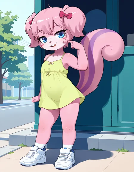 masterpiece, best quality, very aesthetic, absurdres,
outdoors, casual, 
full body, posing, 
seductive smile, parted lips, long eyelashes,
 <lora:Twiggy_v01_NAIXL:1>
Tw166y,1girl,solo,furry,furry female,squirrel girl,pink hair,squirrel ears,short hair,twintails,hair bow,blue eyes,blush stickers,animal nose,buck teeth,body fur,pink fur,squirrel tail,