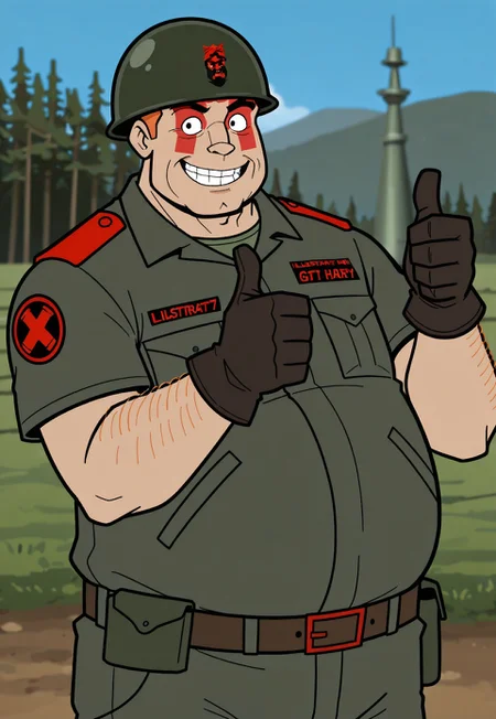 score_9, score_8, score_7, score_6_up, (1boy, male, human, fat man, chubby male, sgt-hatred, hatred-tattoos, hatred-outfit, army outfit, helmet, gloves, belt, orange hair, arm hair,) smiling, thumbs up, 2d, illustration, shading, thick outline, solo, male only, army base, outdoors,