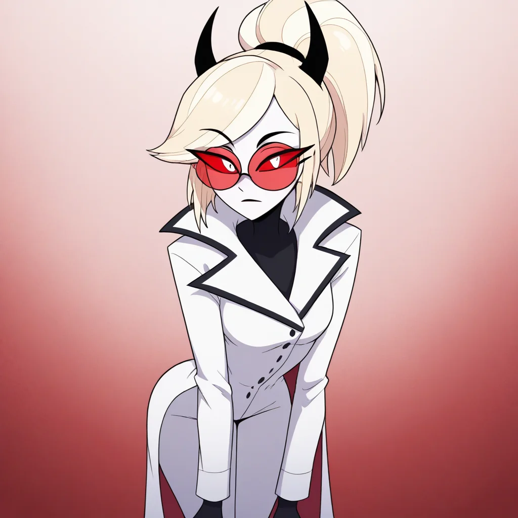 masterpiece, best quality, newest, absurdres, highres, 1girl, HHOVP-ODC.V2.0, blonde hair, white skin, red-tinted eyewear, glasses, red sclera, red-tinnted colored sclera, white eyes, high ponytail, red glasses, hairband, hairband with horns, tied hair, coat, lab coat, buttoms,
