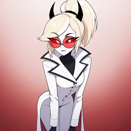 masterpiece, best quality, newest, absurdres, highres, 1girl, HHOVP-ODC.V2.0, blonde hair, white skin, red-tinted eyewear, glasses, red sclera, red-tinnted colored sclera, white eyes, high ponytail, red glasses, hairband, hairband with horns, tied hair, coat, lab coat, buttoms,