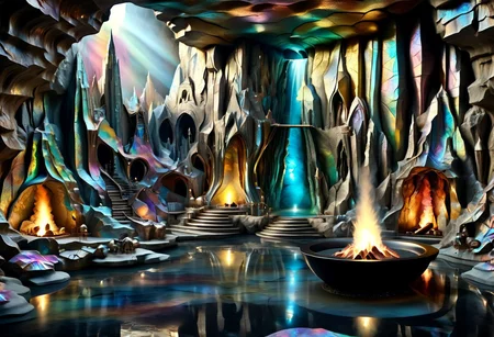 Iridescent Damascus, photorealistic, film grain, candid camera, color graded cinematic, eye catching, atmospheric lighting, highly detailed, deep depth of field, wide angle, wide view of a vast cavern,soft organic shapes, natural formation,smoothed by time and water, a (vast space:1.9) opening before the viewer, an underground lake, crystal clear water, irregular shape formed by millenia of flowing water, reflecting torchlight, crystals in the rock walls glint in the (colours of the rainbow:1.6), intricately patterned with (labradorite:1.8) and moonstone, contrasted with (black granite:2.0), soft rounded shaped rock inviting to sit down near a fire pit emitting warm and welcoming light,