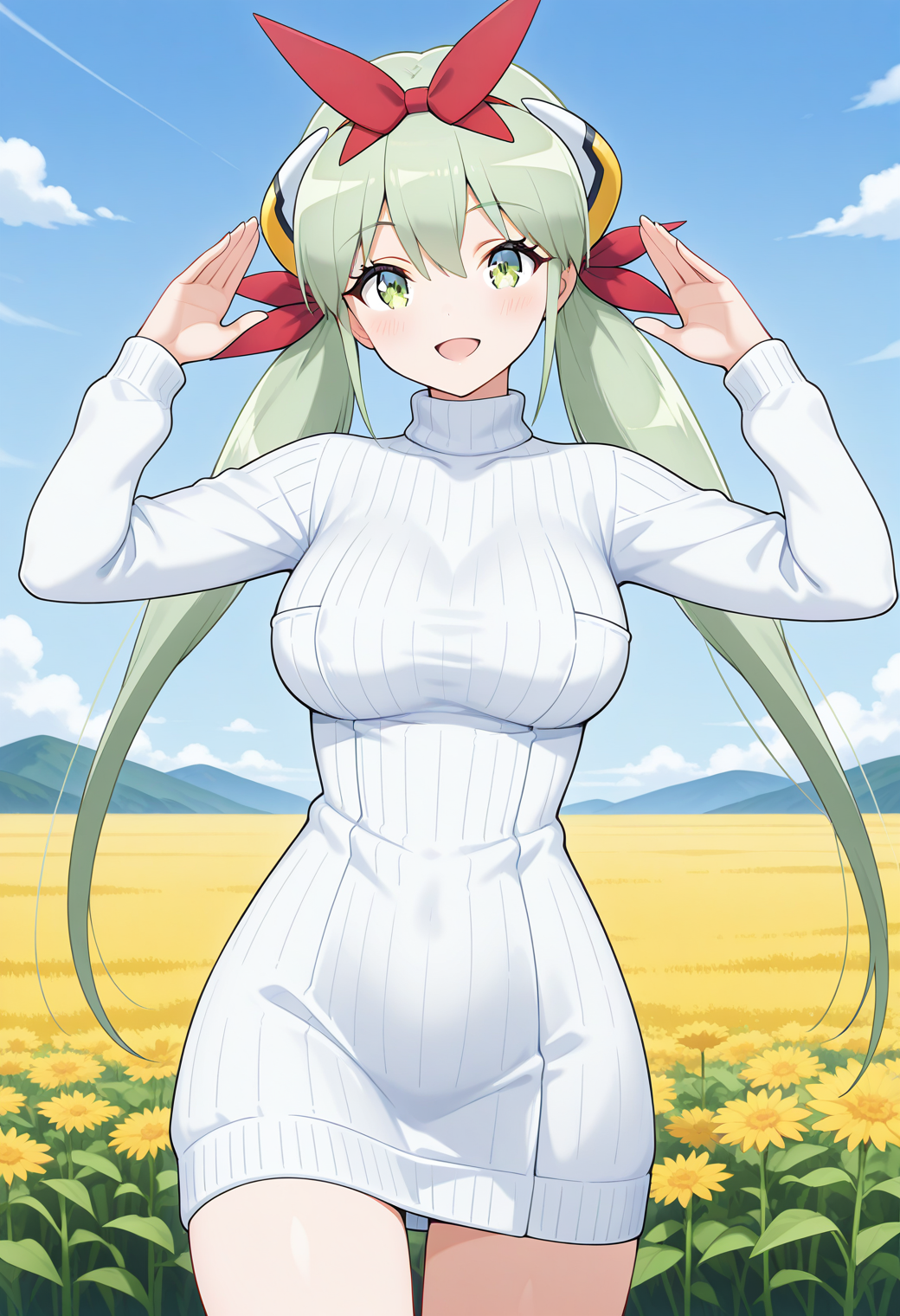 otome_esmeralda, green eyes, green hair, long hair, twintails, hair bow, white sweater, sweater dress, ribbed sweater, turtleneck, long sleeves, <lora:OTOME_esmeralda_illustrious_ver1:0.8>
smile, 1girl, solo, (field:1.2), (blue sky:1.2), looking at viewer, masterpiece, best quality, general,, (cowboy shot, dynamic pose:1.4),