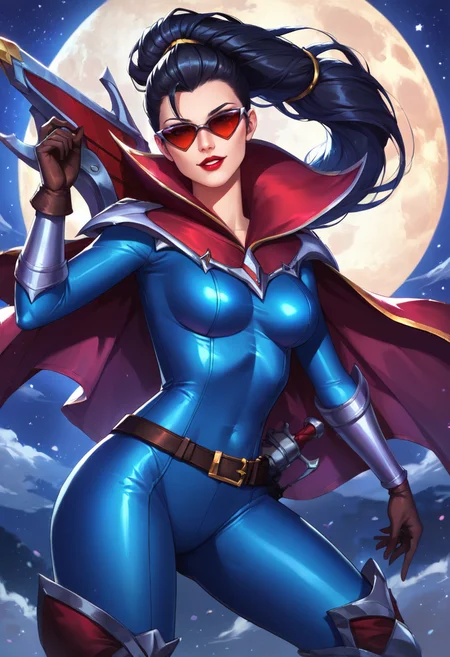 masterpiece,best quality, highly detailed, score_9, score_8_up, score_7_up, score_6_up,<lora:xl_more_art-full_v1:0.8>,source_anime,
BREAK
<lora:vayneXL:0.8>vayne, 1girl, moon, solo, black hair, long hair, night, weapon, bodysuit, full moon, breasts,sunglasses, holding, ponytail, cape, parted lips, blue bodysuit, smile, belt, red lips, gloves, medium breasts, boots