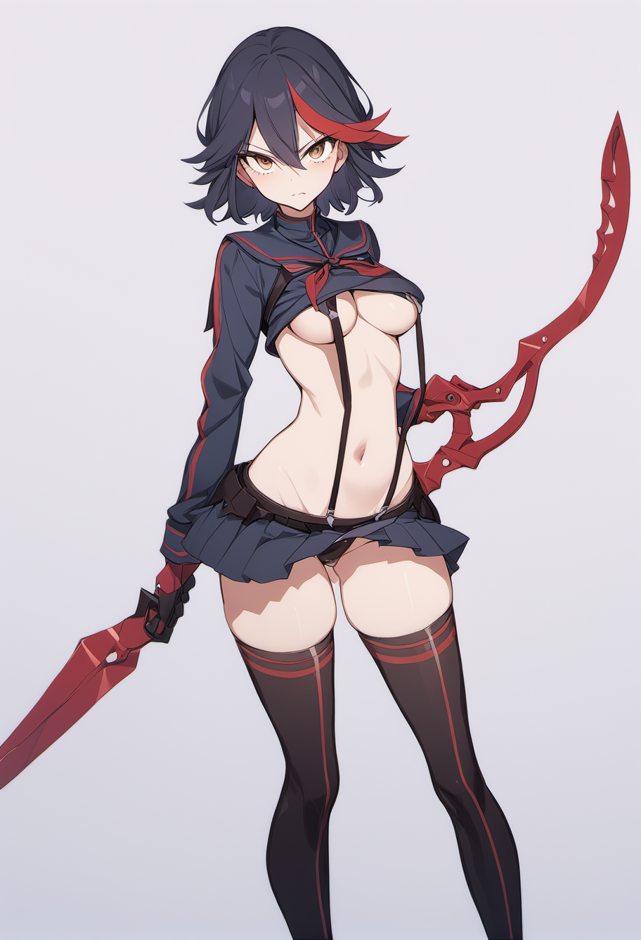 rating: sensitive,  <lora:Matoi_Ryuuko_SDXL:1>,1girl, matoi ryuuko, senketsu, scissor blade, solo, breasts, short hair, navel, suspenders, skirt, underboob, holding scissor handle, thighhighs,  revealing clothes, holding, medium breasts, two-tone hair, boots, white background, streaked hair, looking at viewer, closed mouth, thigh boots, simple background, hair between eyes, standing, black pleated microskirt, bangs, masterpiece, best quality