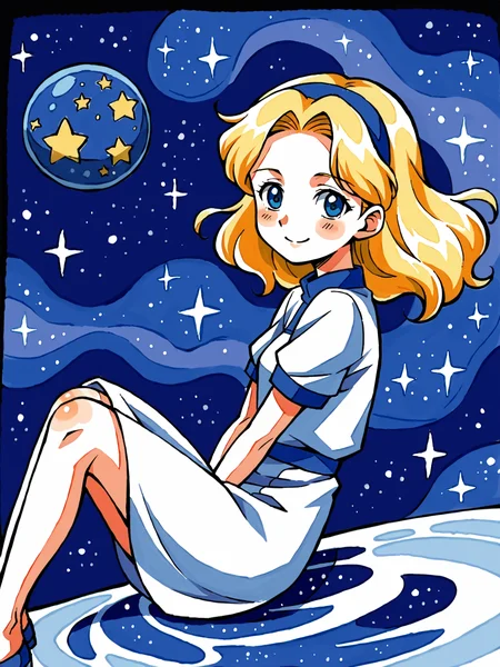 laying on side, ripples, outer space, starry sky, floating, galaxies, score_7_up, <lora:Maria Robotnik (SxSG):0.9>, blush, smile, sxsgdbmaria, blonde hair, blue eyes, source_anime, abstract, watercolor