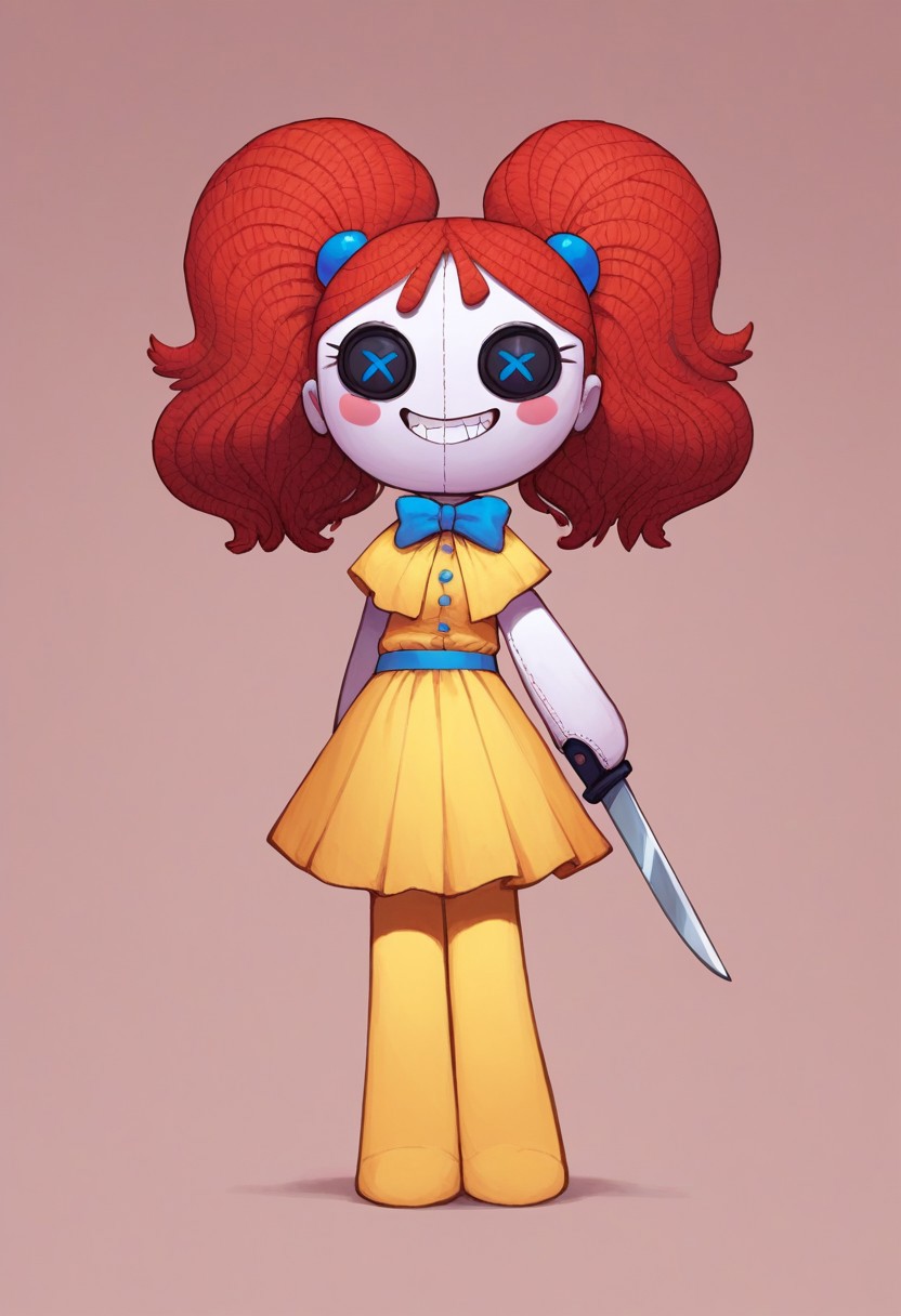 Score_9, score_8_up, score_7_up, Rubilocks, red hair, twintails, button eyes, blue eyes, doll, yellow dress, stripped stockings, hair ornaments, evil grin, holding knife, threatening, sinister