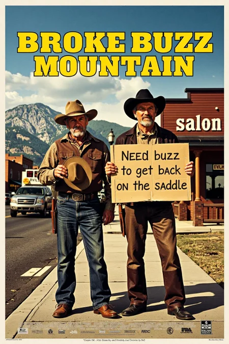 Vintage Movie poster for ""Broke Buzz Mountain," featuring two scruffy, homeless cowboys standing on a city street corner, holding out their hats for spare change. They're dressed in worn cowboy gear, and one of them holds a cardboard sign that says, "Need buzz to get back on the saddle." In the background, a faded mountain range and an old saloon sign nod to classic western themes with a twist of humor. The tagline at the bottom reads, "Too broke for the mountains" in bold, playful text. The overall poster design combines western charm with a modern parody, highlighting the comedic plight of the down-and-out cowboys. <lora:Movie_Posters:0.8> <lora:schnell_v1.0:1.0><lora:792120758555061897:0>