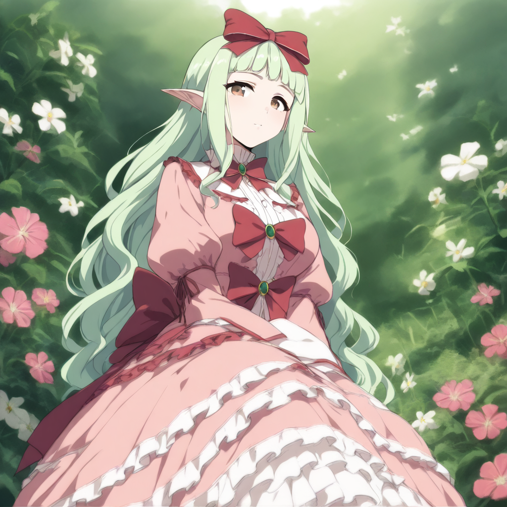 masterpiece,high score,great score,absurdres,solo,looking at viewer,dress,<lora:Flora ag4o v1:1> flora, green hair, long hair, pointy ears, brown eyes,