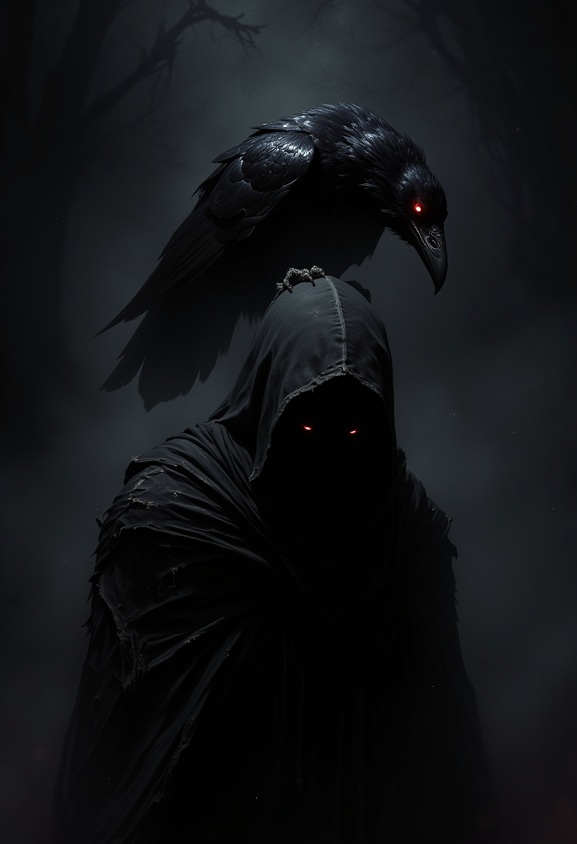 A majestic black raven with glowing, fiery red eyes perched on the shoulder of a shadowy, cloaked figure. The raven's feathers are detailed and glossy, with some ruffled as if it has just landed. The figure is faceless, covered entirely by a dark hooded cloak that blends into the black, misty background. The scene is illuminated only by a faint, eerie red light from the ravenâs eyes, casting a mysterious and ominous glow on the figure and the surroundings. The atmosphere is dark, unsettling, and filled with an air of supernatural power.    <lora:dark_fantasy_flux:0.83> <lora:FredFraiStyle-FLUX-Share:0.63> <lora:sxz-Dark-Fantasy-v2-Flux:0.33> drkfnts style,