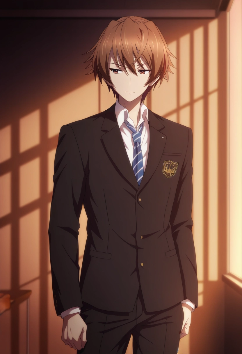masterpiece, best quality, , semi-realistic,, 1boy, solo, male focus, <lora:takeya_iizuka_ilxl:0.96>, takeya_iizuka, brown hair, brown eyes, short hair, school uniform, black jacket, white shirt, collared shirt, blue necktie, striped necktie, black pants,