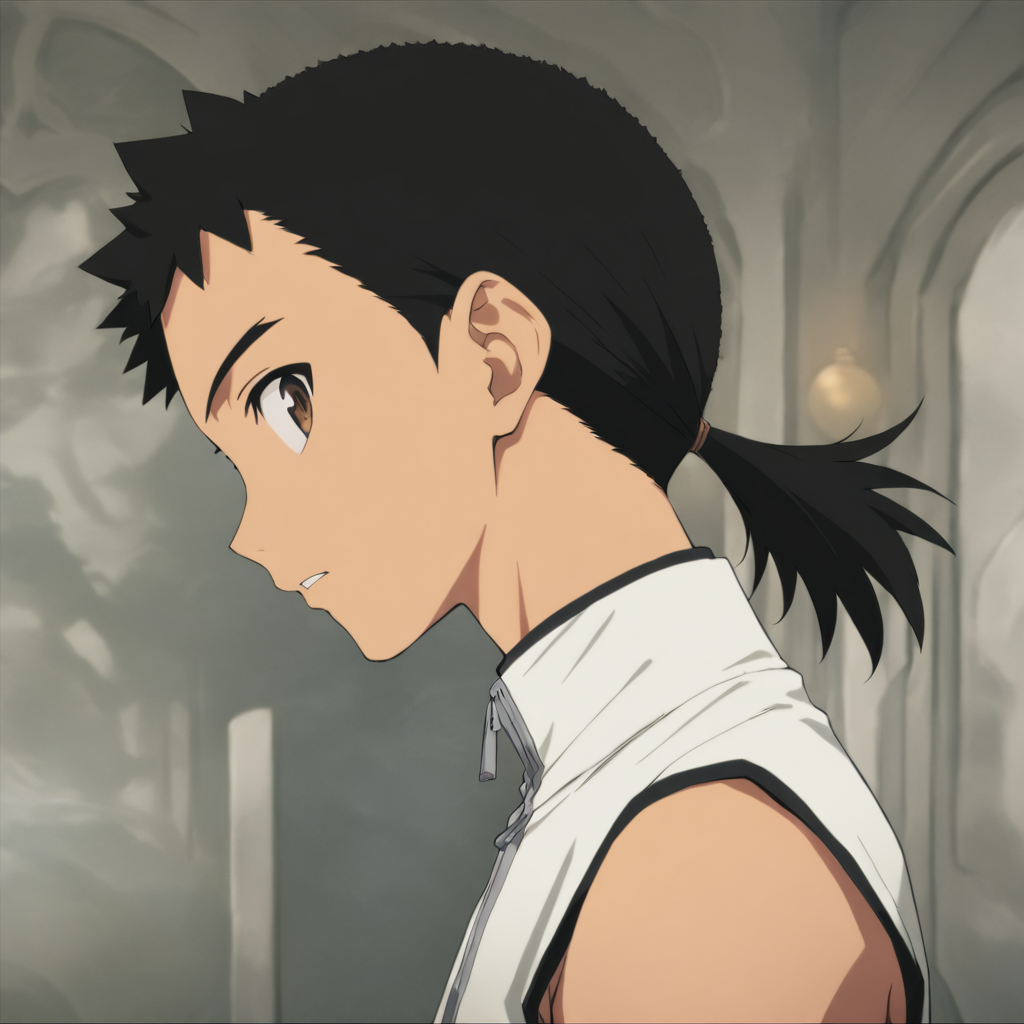 solo,looking at viewer,upper_body,portrait,masterpiece,high score,great score,absurdres,<lora:Kenshi_Masaki ag4o v1:1> 1boy, kenshi_masaki, black hair, ponytail, brown eyes,sleeveless,white shirt,