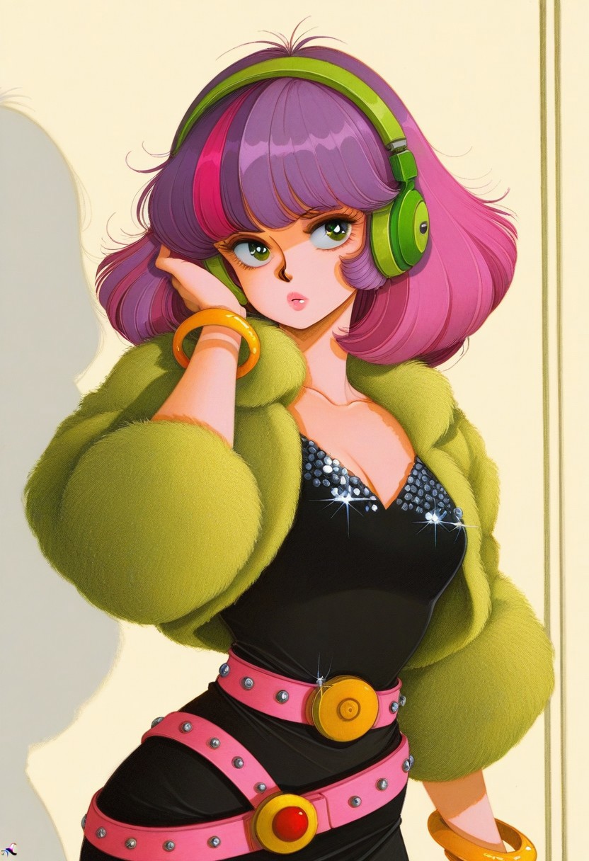 masterpiece, best quality, very aesthetic, absurdres, 
1girl, upper body, solo, clash \(jem and the holograms\), retro artstyle, 1980s \(style\), green eyes, pink hair, streaked hair, purple hair, medium hair, makeup, pink lips, BREAK, 
headphones, green headphones, neon-green jacket, fur jacket, sleeves past elbows, bangle, short dress, black dress, sequins, pink belt, 
detailed background, 
fr-pi-il