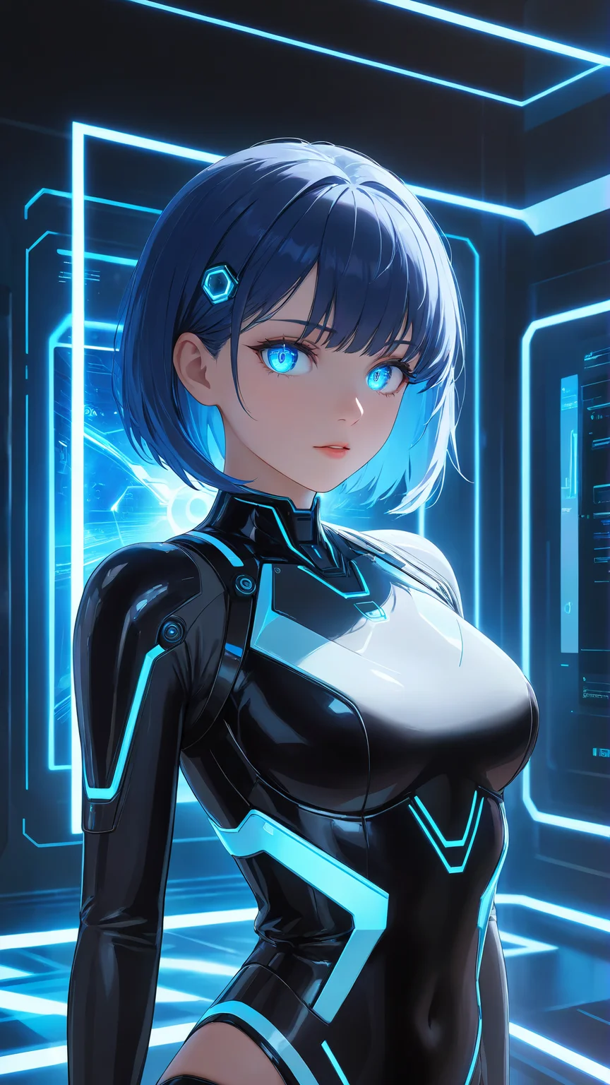 masterpiece, best quality, 1girl, short blue hair, glowing cybernetic eyes, anime style, futuristic outfit, holographic interface, sci-fi background, neon lights, dramatic composition
 <lora:HandFineTuning_XL:0.65>, Medium Shot, subject waist-up, balanced frame, clear focus, Futuristic, sleek design, advanced technology, sci-fi inspired