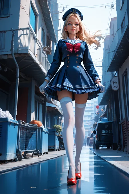 1woman, sexy, petite, skinny legs, long hair, blonde hair, <lora:Sailor:1> Jed-Salr, Navy Blue Mini Dress, White Trim,  White Sailor Collar,  Nautical Stripes,  White Thigh-High Stockings, Red Heels, Sailor Hat,  White Gloves, Sailor Cuffs, White Petticoat, walking on a coastline, viewer looking from below, upskirt,, score_9, score_8_up, score_7_up, score_6_up, score_5_up, score_4_up, <lora:K040790P:0.4> 040790P, woman, 24 years old, <lora:Breast Slider - Pony_alpha1.0_rank4_noxattn_last:1>, (tiny waist, flat stomach, narrow hips), <lora:Aesthetics_Enhancer_pony:0.8> EnhanceImage