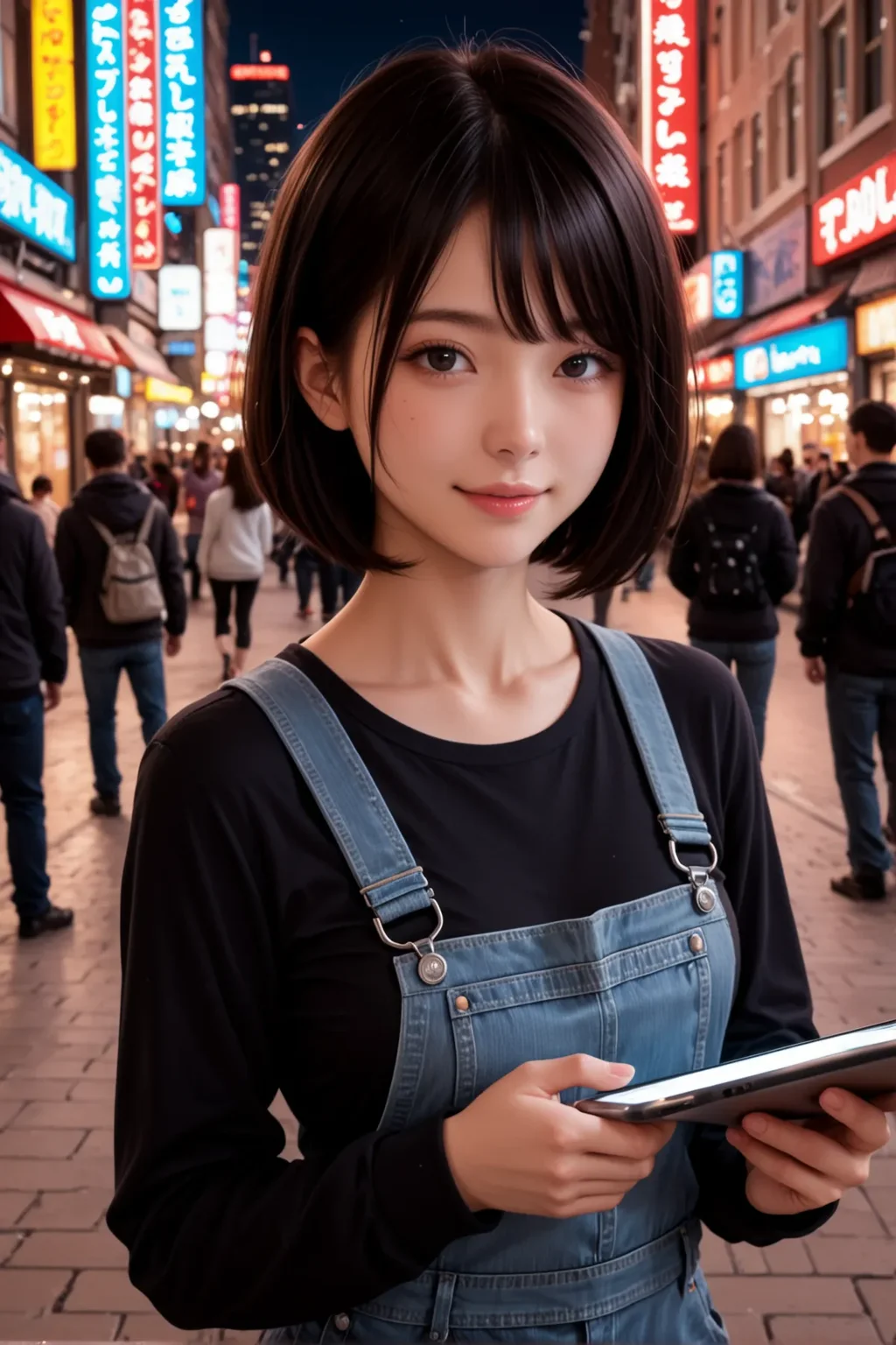 masterpiece, best quality, amazing quality, very aesthetic, absurdres, newest, blurry background, realistic, shiny skin, 
BREAK
looking at viewer, black hair, overalls, solo focus, night, neon lights, short hair, 1girl, lips, shirt, bob cut, long sleeves, mole, outdoors, black eyes, collarbone, tablet pc, crowd, city, asian, black shirt, blurry, standing, city lights, medium hair, light smile, grin, 
<lora:japanese_girl_v1.1:0.7> jpn-girl <lora:Beautiful_Girls_V4:0.7> btiflgrlsnrv4