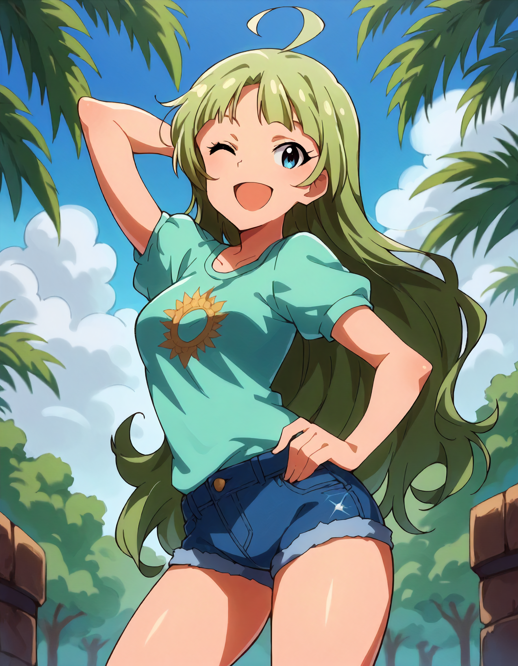 score_9,score_8_up,score_7_up,1girl,solo,cowboy shot,looking at viewer,smile,wink,open mouth,arm behind head,hand on hip,outdoors,
<lora:shimabaraelena_ponyXLV6:0.8>,mlse,
green hair,ahoge,long hair,aqua eyes,
short sleeves,denim shorts
