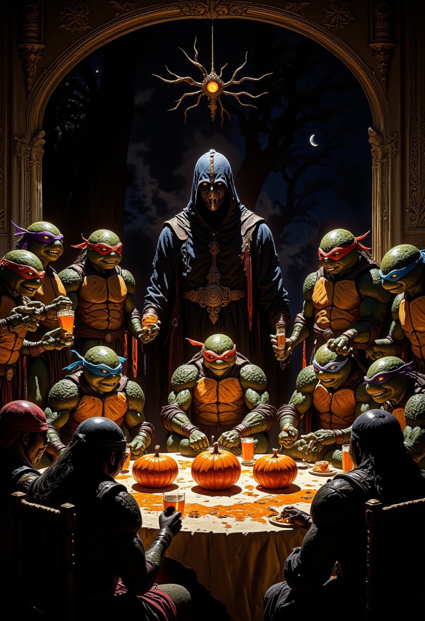 Gathering of The ninja turtles celebrating Halloween, creepy, live action, all the turtles are gathered, the blue mask the red mask the orange mask the purple mask, splinter and shredder is there to, they have pumpkins and drinks, in the style of an old 80's VHS dark fantasy, VHS screen grab, grainy, old footage, in the style of an old 80's VHS dark fantasy, VHS screen grab, grainy, old footage