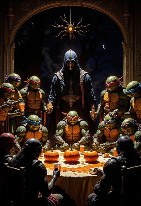 Gathering of The ninja turtles celebrating Halloween, creepy, live action, all the turtles are gathered, the blue mask the red mask the orange mask the purple mask, splinter and shredder is there to, they have pumpkins and drinks, in the style of an old 80's VHS dark fantasy, VHS screen grab, grainy, old footage, in the style of an old 80's VHS dark fantasy, VHS screen grab, grainy, old footage