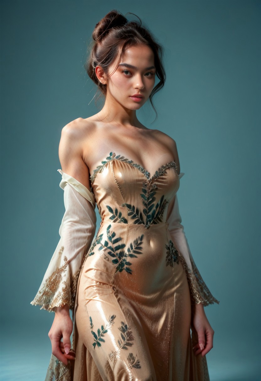 score_9, score_8_up, score_7_up, kebaya dress (long dress, skin tight, strapless, off shoulder, luxurious design, colored red),
pureerosface_v1, JDMAI_KEBAYA, JDMAI_ARIEL_SARI, 
(dynamic lighting), (dynamic shadow), 4k, HD, Hi res, cinematic masterpiece, photographic masterpieces, epiCPhoto,
Neat hair bun, professional makeup, side view, 
Portrait, upper body, alluring pose, confident facial expression, 
(simple turquoise background), (blurry background), (sharp focus on object),