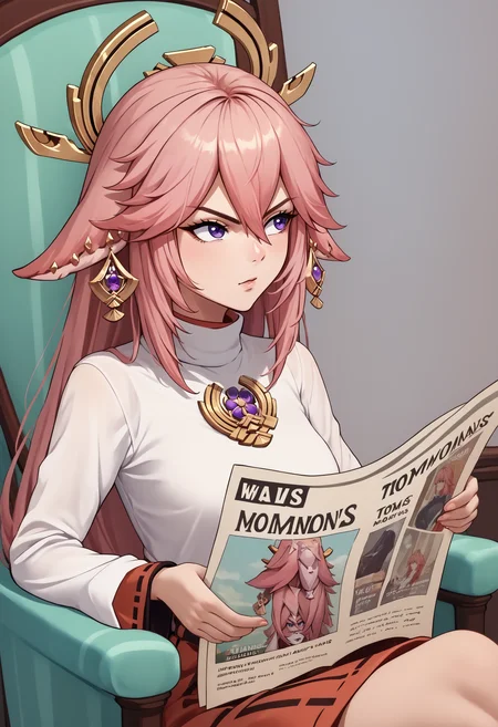 score_9, score_8_up, score_7_up, source_anime, 1girl, TomReadingTheNewspaper, sitting, newspaper, chair, reading, <lora:TomReadingTheNewspaper_XLPD:1>, yae miko,