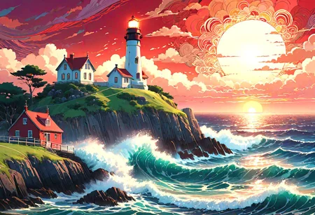 Vibrant and dynamic illustrations and vectors, a picturesque 1lighthouse standing tall on a small island, detailed waves crashing on the shore, Red tones Zentangle sky, vibrant colors, dynamic composition, digital painting, Studio Ghibli-inspired, cozy lighting, whimsical atmosphere, by Junji Ito and Hayao Miyazaki, artstation trending, 4k resolution. Masterpiece.